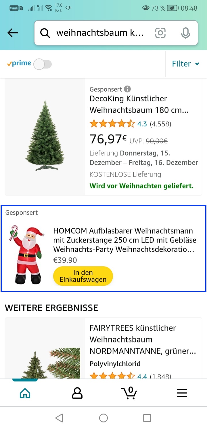 Der Screenshot zeigt eine Sponsored Display Anzeige auf einem Smartphone in der Amazon Suche.