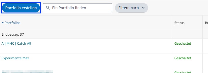 Der Screenshot zeigt den Button mit dem man ein Portfolio in Amazon Advertising anlegen kann.