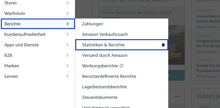 Der Screenshot zeigt das Menü im Amazon Seller Central über welches man die Berichte aufrufen kann.