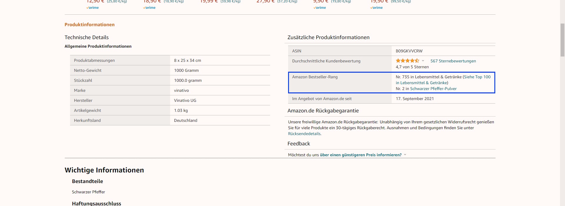 Der Screenshot zeigt an welcher Stelle im Listing man den Amazon BSR einsehen kann.