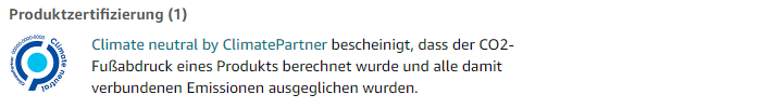 Der Screenshot zeigt eine exemplarisch eine Zertifizierung, wie sie auf der Amazon Produktdetailseite über dem A+-Inhalt angezeigt wird.