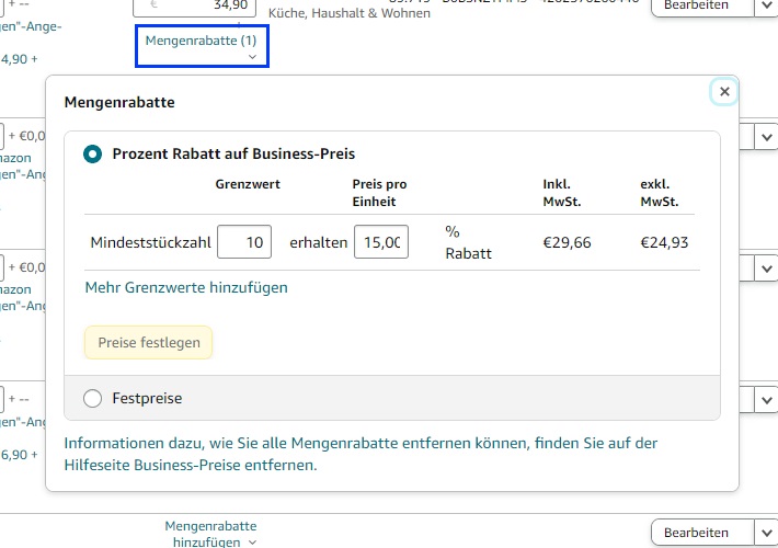 Der Screenshot zeigt, wie man im Amazon Seller Central B2B-Preise und -Mengenrabatte einrichten kann.