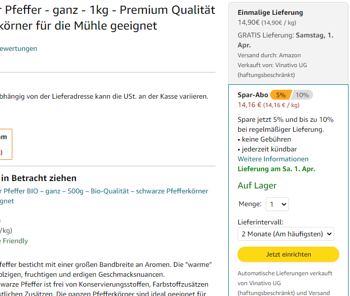 Der Screenshot zeigt ein Amazon Spar-Abo, wie es dem Kunden im Frontend auf der Produktdetailseite angeboten wird.