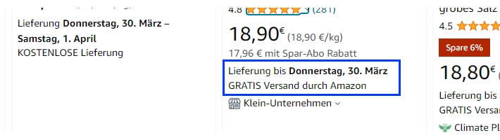 Der Screenshot zeigt, dass Kunden bereits im Katalog erkennen können, ob ein Produkt per Versand durch Amazon versendet wird.