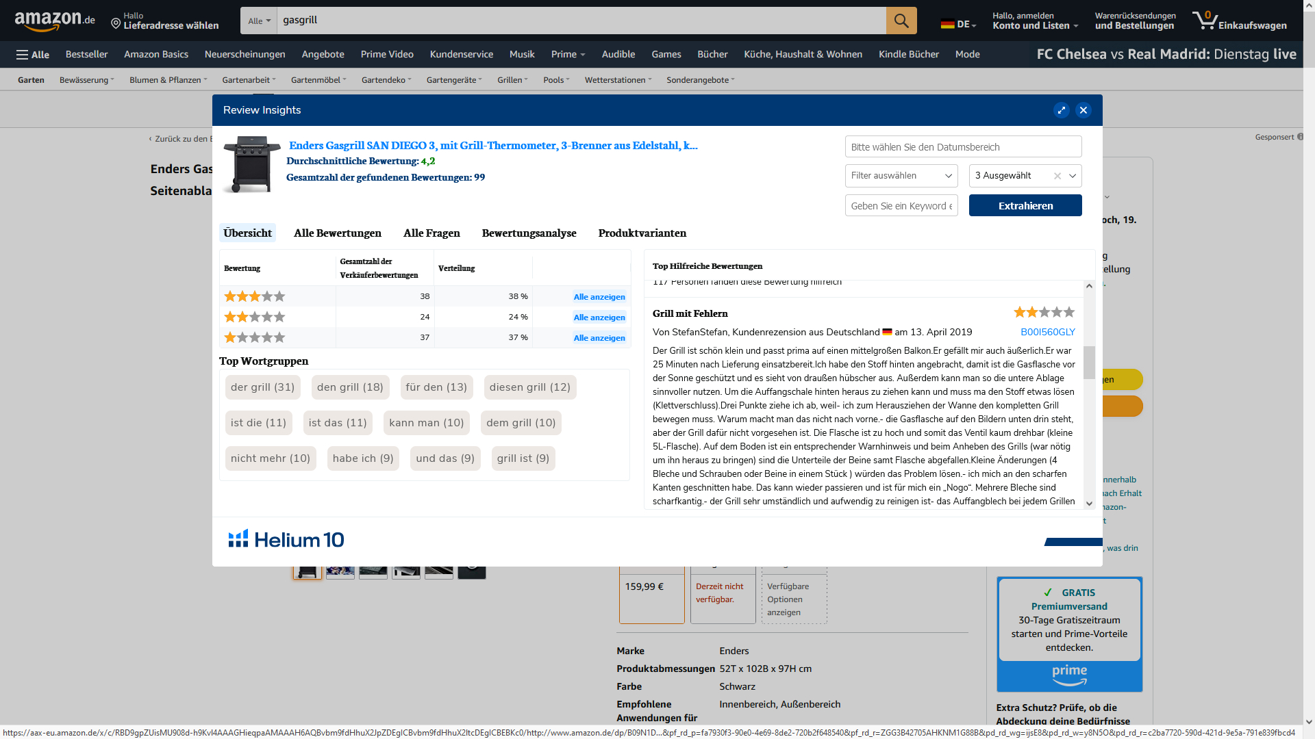 Der Screenshot zeigt das Tool "Reviews Insights" aus der Helium 10 Browser extension, mit dem man Reviews auswerten und herunterladen kann.