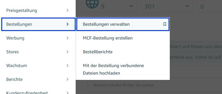 Der Screenshot zeigt, wie du über das Menü den Bereich "Bestellungen verwalten" im Seller Amazon Central aufrufen kannst.