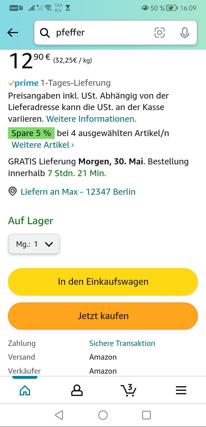 Der Screenshot zeigt die Amazon Buy Box, wie sie in der App auf mobilen Geräten dargestellt wird.