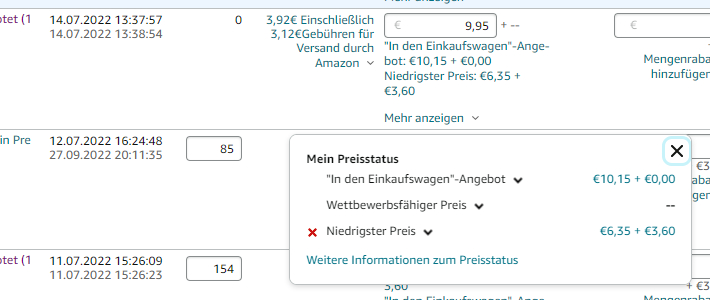 Der Screenshot zeigt die Funktion Priesstatus in der Lagerbestandsverwaltung im Amazon Seller Central, in dem Verkäufer sehen können, welcher Preis das in den Einkaufswagen-Feld gewinnt und was der niedrigste Preis auf Amazon ist.