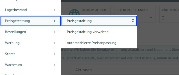 Der Screenshot zeigt, wie du den Bericht zur Preisgestaltung im Amazon Seller Central aufrufen kannst.