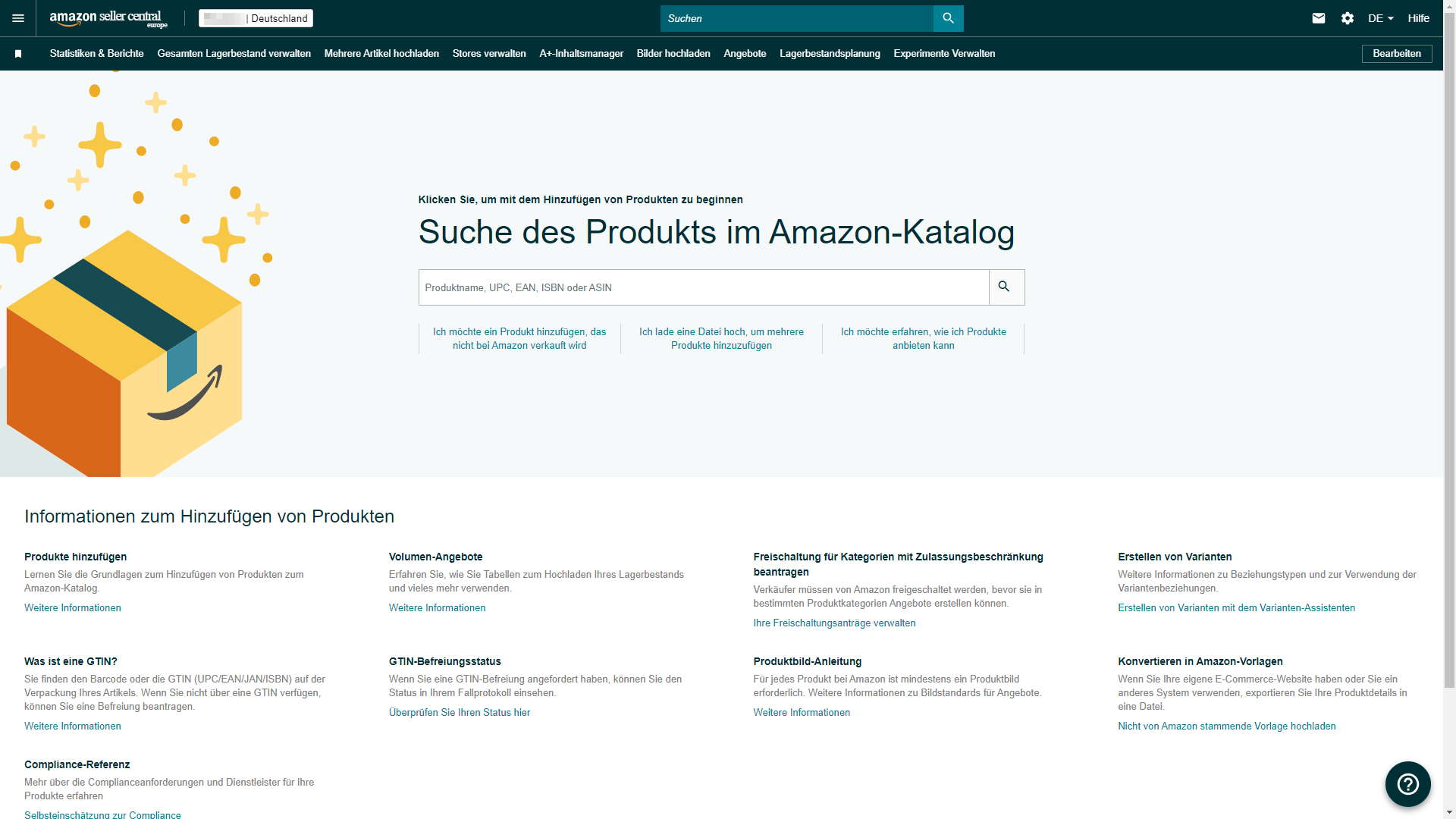 Der Screenshot zeigt den Bereich im Amazon Seller Central, in dem man nach vorhandenen Produkten im Amazon Katalog suchen kann.