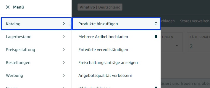 Der Screenshot zeigt den Menüpunkt im Amazon Seller Central über den man ein neues Produkt anlegen kann.