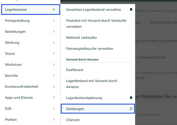 Der Screenshot zeigt, wie wo man im Amazon Seller Central die Sendungen an Amazon aufrufen kann.