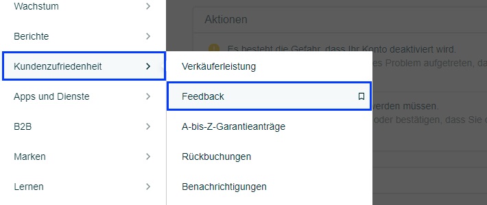 Der Screenshot zeigt, wo du im Amazon Seller Central das Verkäufer-Feedback aufrufen kannst.