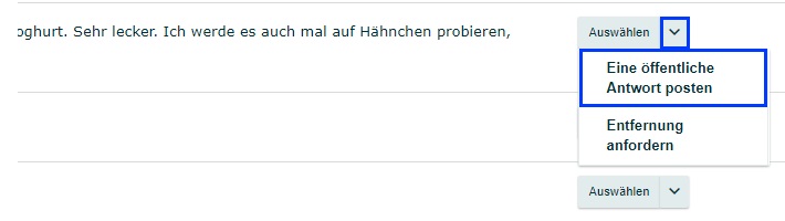 Der Screenshot zeigt, wie du Verkäufer-Feedback im Amazon Seller Central öffentlich beantworten kannst.