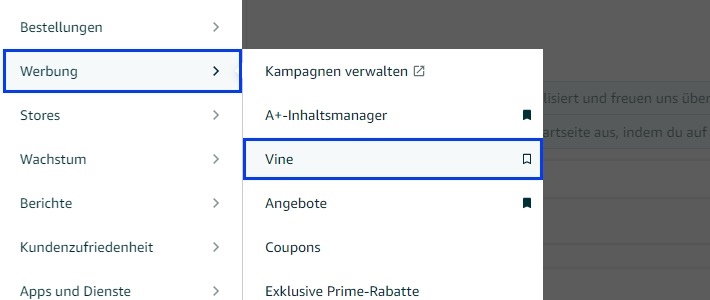 Der Screenshot zeigt, wie du Amazon Vine im Seller Central aufrufen kannst.