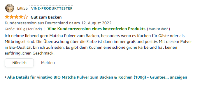 Der Screenshot zeigt exemplarisch eine 4 Sterne Bewertung, die von einem Amazon Vine Produkttester hinterlassen wurde.