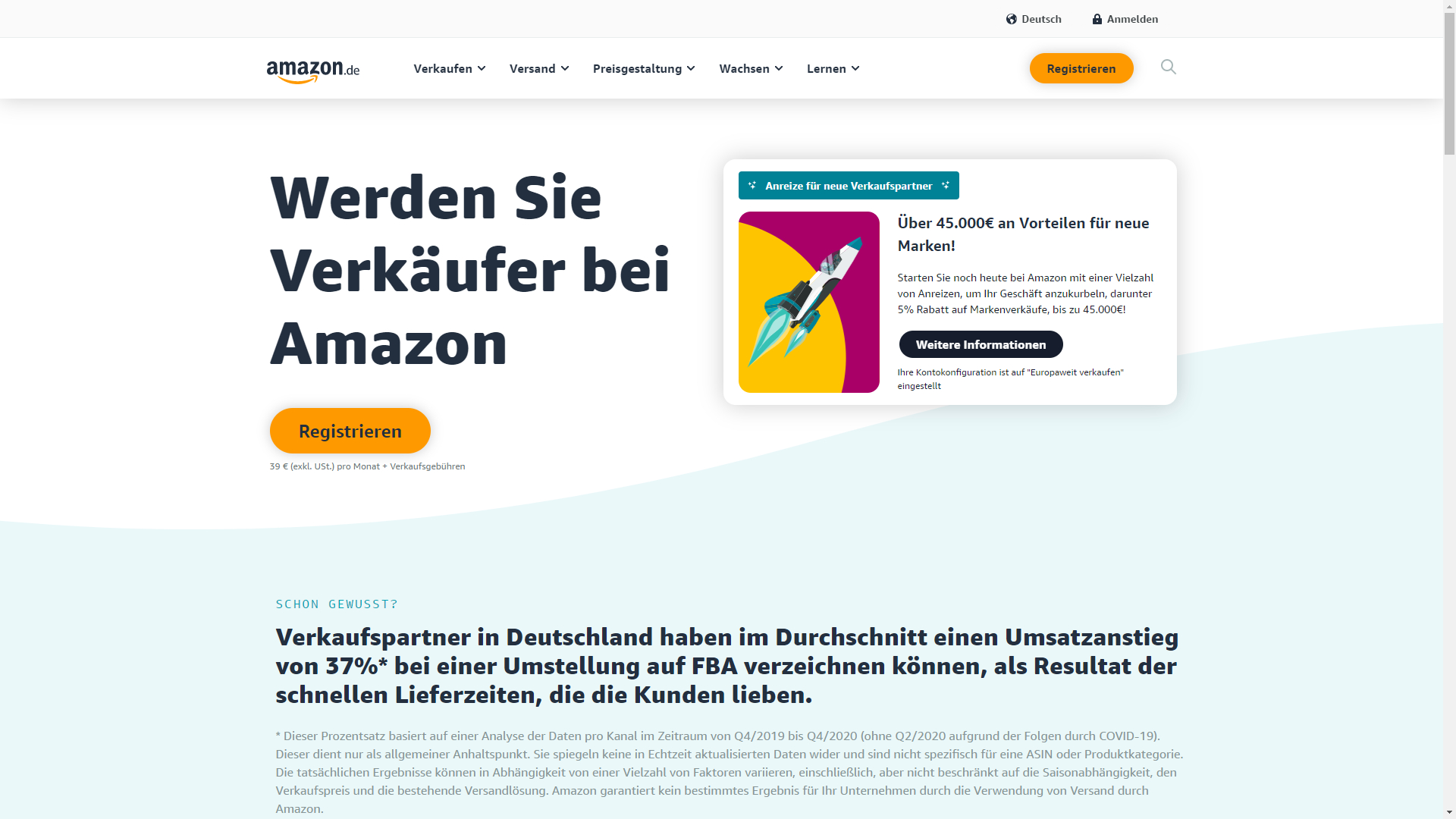 Der Screenshot zeigt die Webseite sell.amazon.de auf der man ein Amazon Verkäuferkonto eröffnen kann.