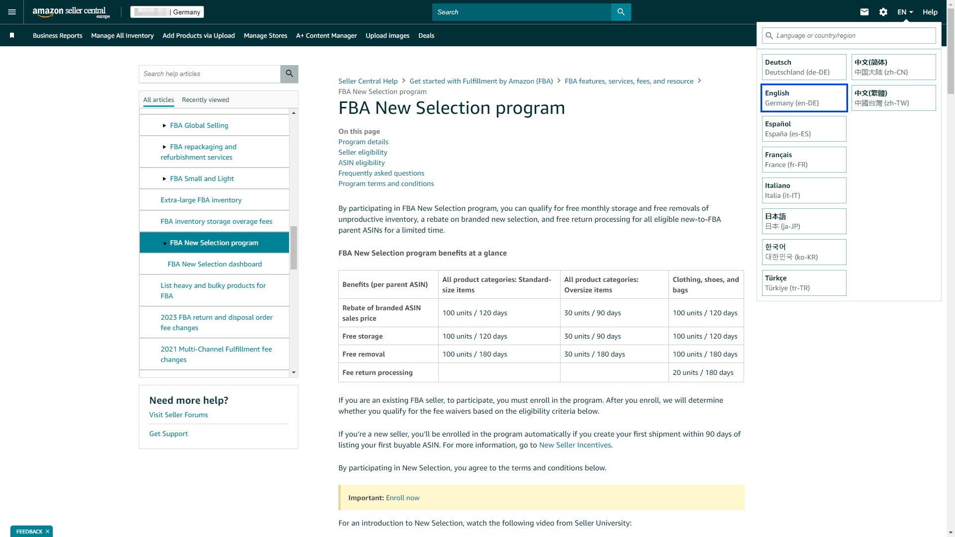 Der Screenshot zeigt den Hilfe-Artikel zum FBA New Selection Programm im Amazon Seller Central. Mit diesem können FBA Seller innerhalb eines bestimmten Zeitraums die FBA Gebühren für eine bestimmte Anzahl von Einheiten neuer Produkte sparen.
